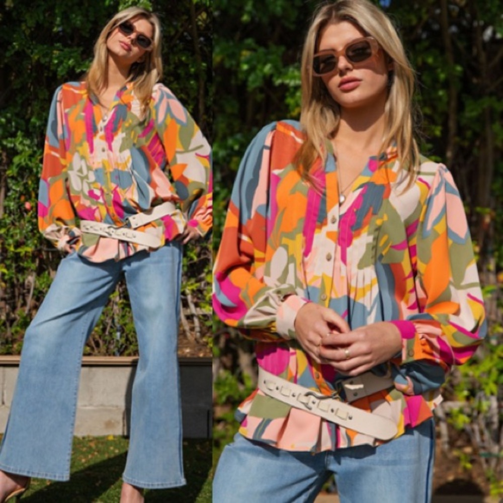 New Fabulous Boho Long Sleeve Pleated Abstract Print Sophia Twill Vibrant Blouse